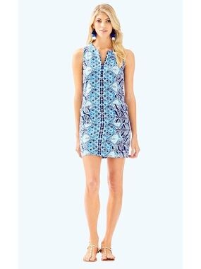 Lilly Pulitzer Kelby Stretch Shift Dress Mermaids Tail Blue White Size 16 Pocket